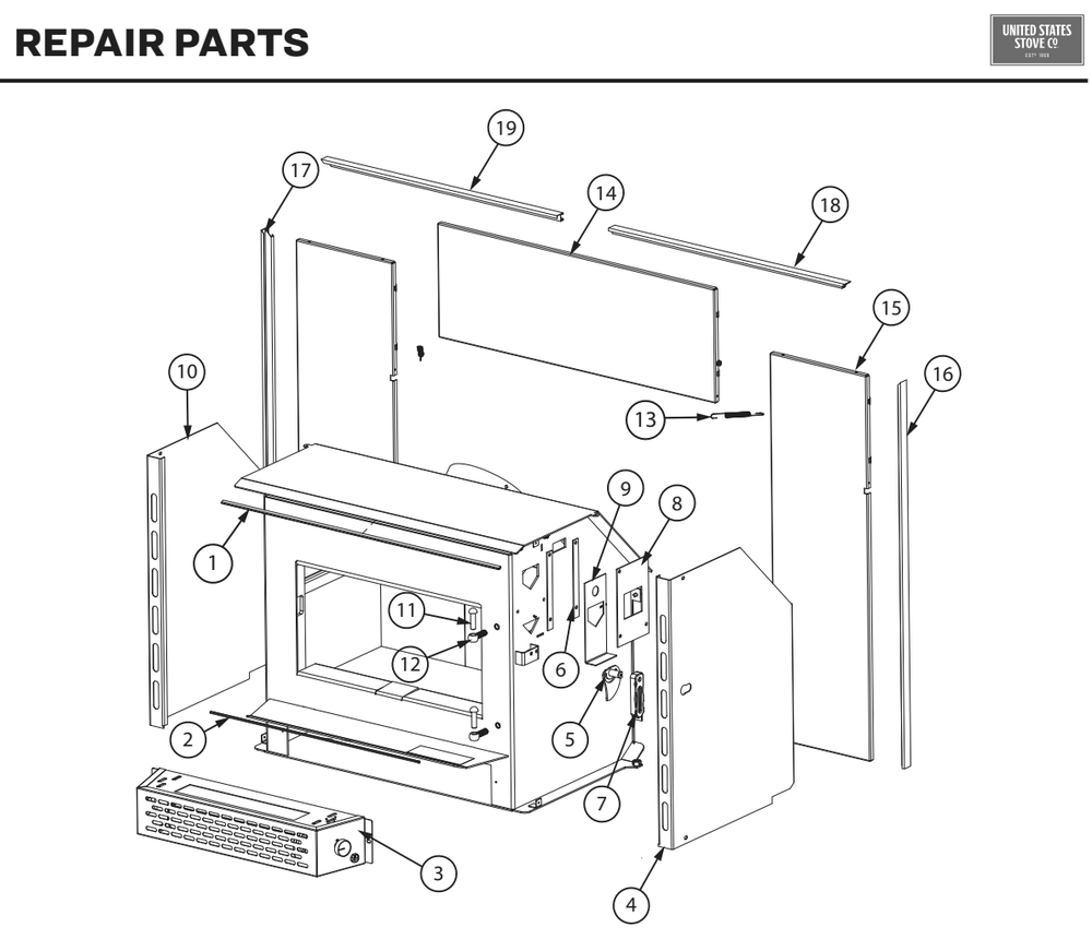 Repair Parts 1 Diagram and Parts List for US1800E  US Stove Company Heating Stove
